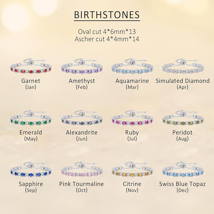Sterling Silver Birthstone Bracelets for Women White Gold Tennis Bracelets Adjustable Chain 6-9 Inchs Jewelry Hypoallergenic Anniversary Birthday Gifts for Women Mom Wife Her