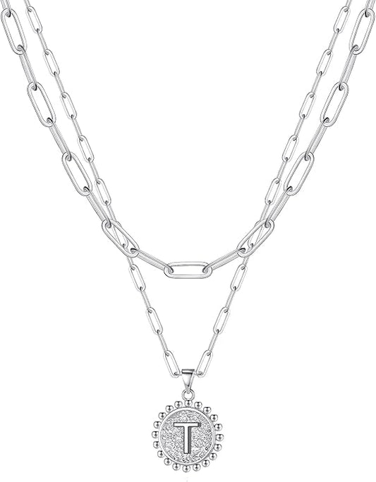 Ursteel Layered Initial Necklaces for Women, 14K-Gold-Plated Dainty Layering Paperclip Chain Necklaces for Women Jewelry