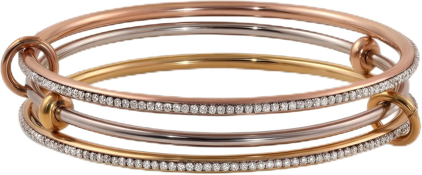 Musishiyu Gold Bracelets for Women Stacking Bangle - 18K Mixed Metal Tri-Color Rolling Interlocking Bands, Cubic Zirconia Fidget Anxiety Jewelry, Valentine's Galentine's Day Gifts (Love, Loyalty, Friendship)