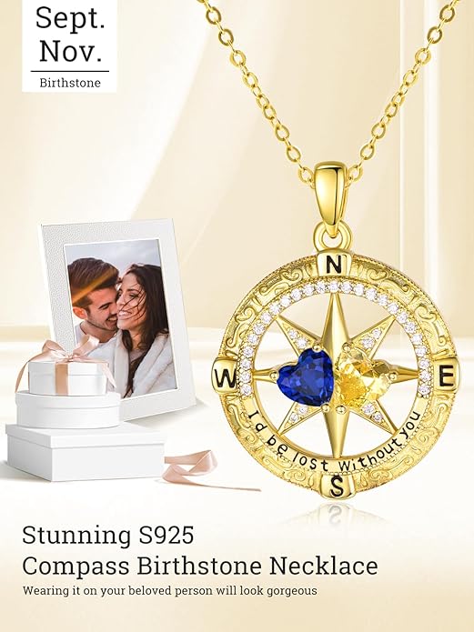 Zeuslia Double Birthstone Necklace Gifts for Wife - 925 Sterling Silver Sunflower/Rose/Crown Cross/Compass/Heart Pendant I Love You Necklace, Anniversary Birthday Gifts for Wife Girlfriend Mom Her