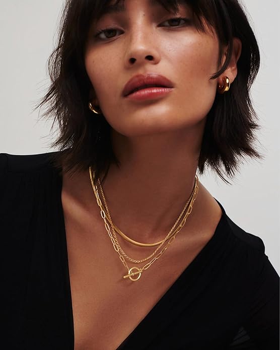 Freekiss Gold Layered Toggle Necklaces for Women: 14K Gold Plated Dainty Link Chain Necklaces Paperclip Cuban Rope Adjustable Choker T-Bar Toggle Clasp Chunky Necklace for Women Trendy Jewelry