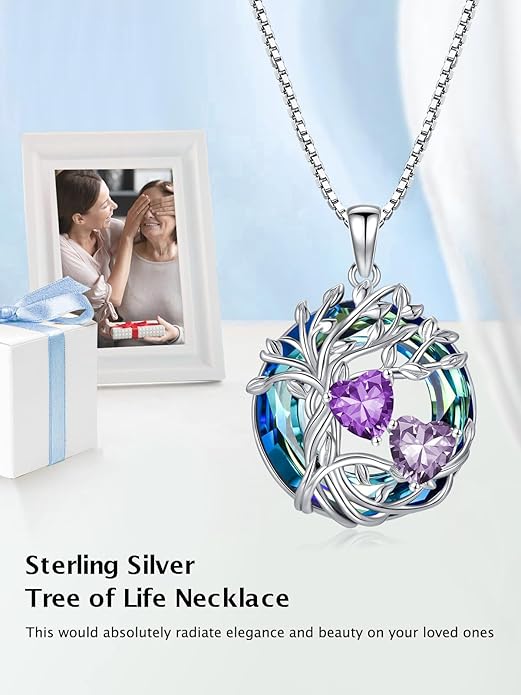 TOUPOP s925 Sterling Silver Family Celtic Tree of Life Pendant Necklaces with 2 Heart Birthstone with Blue Austrian Crystal Jewelry Birthday Anniversary Christmas Gifts for Her Wife Girlfriend Mom (18K Real White Gold Filled)