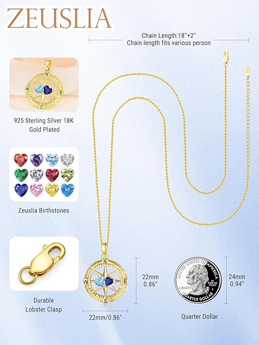 Zeuslia Double Birthstone Necklace Gifts for Wife - 925 Sterling Silver Sunflower/Rose/Crown Cross/Compass/Heart Pendant I Love You Necklace, Anniversary Birthday Gifts for Wife Girlfriend Mom Her