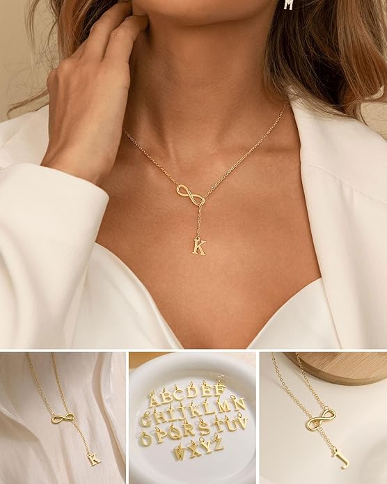 FUNEIA Gold Initial Necklaces for Women Trendy Dainty Long 14K Gold Plated Infinity Lariat Letter Necklace Non Tarnish Friendship Personalized Name Drop Pendant Y Necklace Stack Jewelry Gift