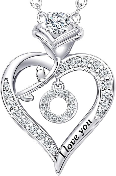 DWWGE Rose Heart Pendant Necklace Gifts for Wife, Engraved 'I love you' Gift for Wife Girlfriend, Anniversary Birthday Eternity Jewelry Present for Women, Moissanite Necklace Gift for Her