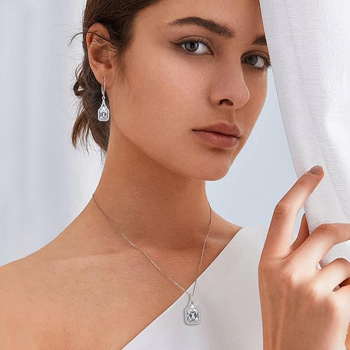 Emerald Cut Dangle Drop Earrings 925 Sterling Silver Halo Rectangular Leverback Earrings Birthstone Jewelry for Women