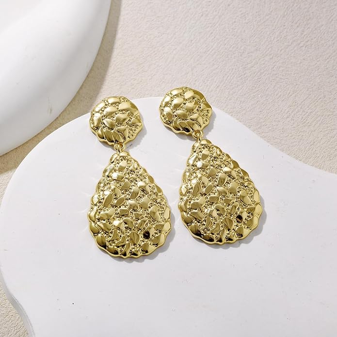 Hefanny Large Hammered Teardrop Dangle Earrings Geometric Chunky Flower Earrings Women's Trendy Statement Jewelry Multiple Styles