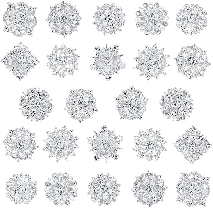 Assorted Small Size Crystal Rhinestone Flower Brooch Pins Set for Crafts Embellishment, Wedding Bouquet Brooches for Women Fashion