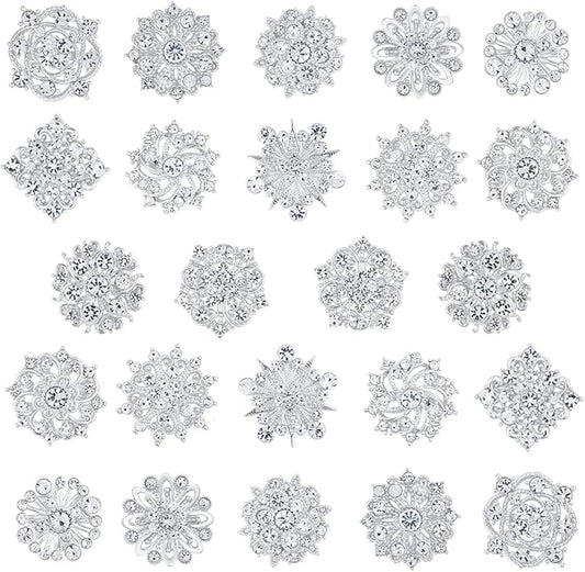 Assorted Small Size Crystal Rhinestone Flower Brooch Pins Set for Crafts Embellishment, Wedding Bouquet Brooches for Women Fashion