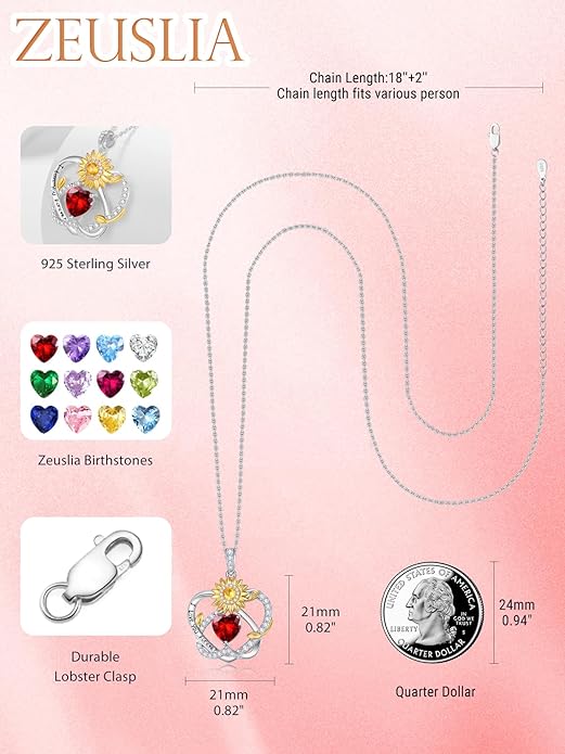 Zeuslia Double Birthstone Necklace Gifts for Wife - 925 Sterling Silver Sunflower/Rose/Crown Cross/Compass/Heart Pendant I Love You Necklace, Anniversary Birthday Gifts for Wife Girlfriend Mom Her