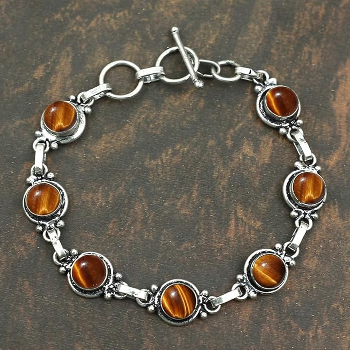 Round Shape Natural & Synthetic Gemstones Silver Plated Bracelets for Women - Vintage Bohemian Style Handmade Birthstone Adjustable Link Bracelet Jewelry Gifts for Wedding Anniversary Mother's Day