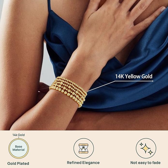 adoyi Gold Bracelets for Women Waterproof, 14K Gold Plated Beaded Strand Bead Ball Bracelets stack Adjustable Jewelry Set for Gifts