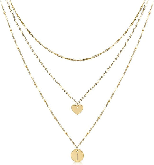Aisansty Dainty Layered Initial Choker Necklaces Handmade 14K Gold Plated Tiny Heart Personalized Letter Disc Pendant Adjustable Chain Layering Gold Necklaces for Women Gift Jewelry