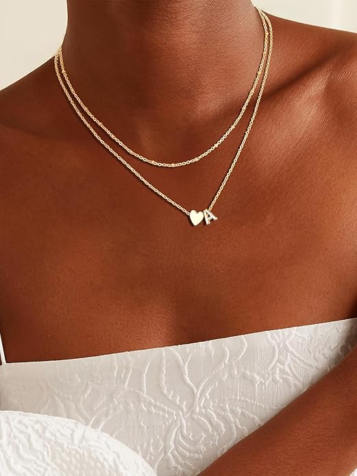 FOCALOOK Layered Initial Necklace for Women, 14K Gold Plated Choker Necklaces Stacks with Initial A-Z, Dainty Silver Heart Pendant Necklace Personalized Birthday Women Jewelry