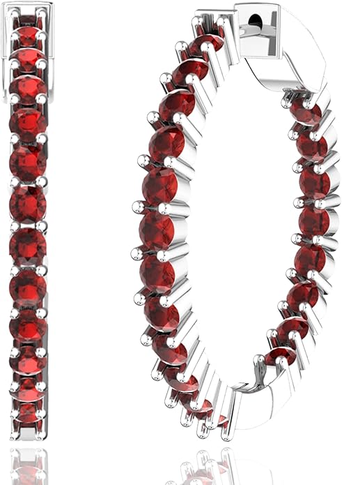 Hoop Earrings with 40 Colored Gemstones, Birthstone Earrings, 925 Sterling Silver Rhodium Plated, Push Back Closure, 1.18'