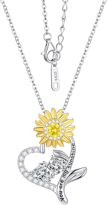 PERJI Valentine's Day Gifts for Women - 925 Sterling Silver Double Birthstone Sunflower Necklace, Anniversary Birthday Jewelry You are My Sunshine Gifts for Wife Couple Girlfriend 18"+2" Non Tarnish