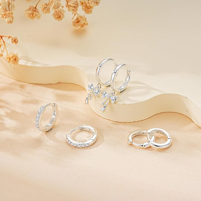 DORANA Valentines Day Gift 3 Pairs 925 Sterling Silver Earrings for Women Girls Non Tarnish Small Hypoallergenic Huggie Hoops Cartilage Stack Earring Sets for Multiple Piercing