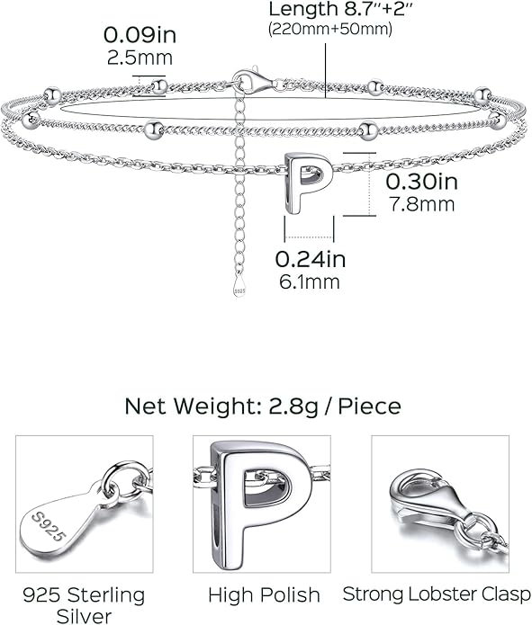 ChicSilver Ankle Bracelets for Women Waterproof, 925 Sterling Silver Initial Anklets for Women, Adjustable Dainty Layered Anklet Beach Jewelry for Women Mom Wife Friend