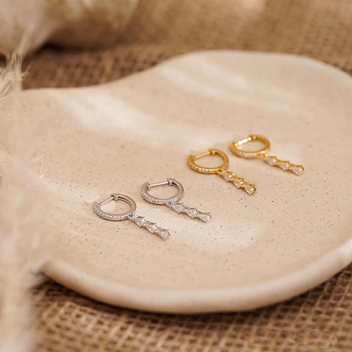 14K Gold Plated Dangle Earrings for Women - Dainty, Trendy, Hypoallergenic CZ Drop Earrings - Simple Long Dangling Jewelry