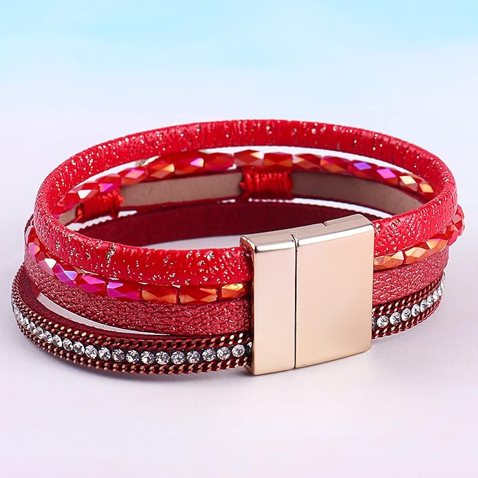 FANCY SHINY Leather Wrap Bracelet Boho Cuff Bangle Bracelets Crystal Bead Bracelet with Magnetic Clasp Jewelry Gifts for Women