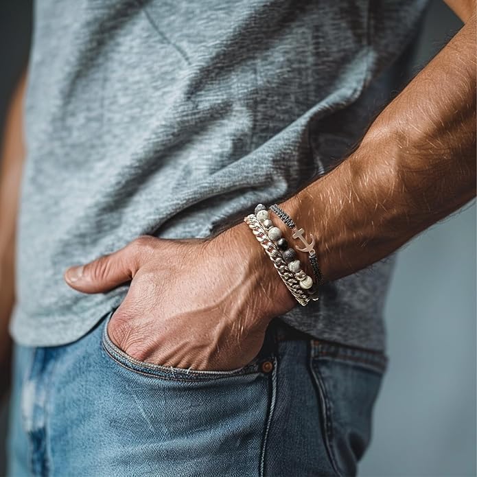 3pc Mens Beaded Bracelets Silver Stainless Steel Chain Bracelet for Men Handmade Braided Bracelet Sets Jewelry Gifts for Men