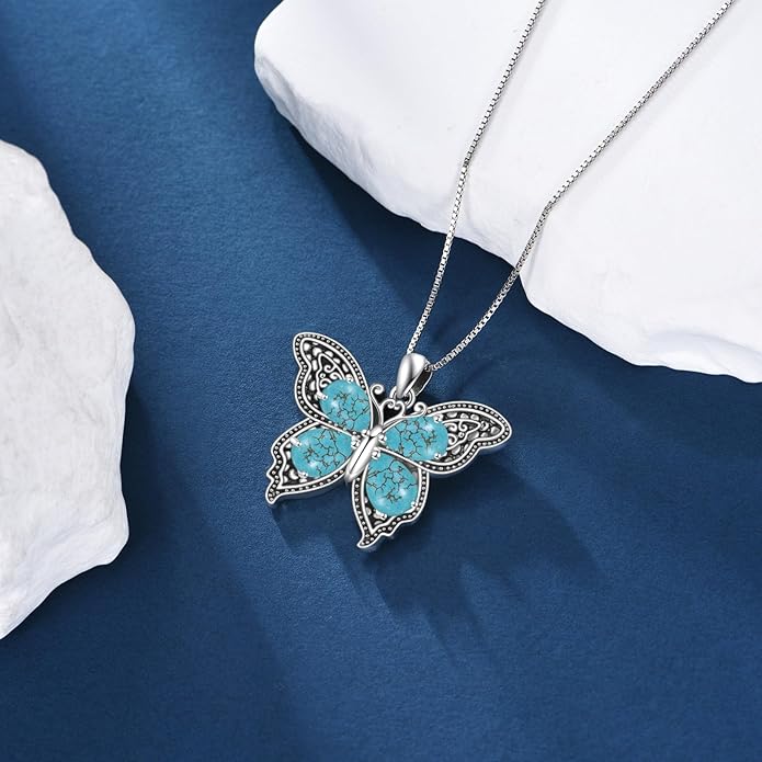Turquoise Butterfly Necklace for Women, Sterling Silver Vintage Filigree Dainty Pendant Boho Jewelry, Ideal Birthday Valentine's Gift