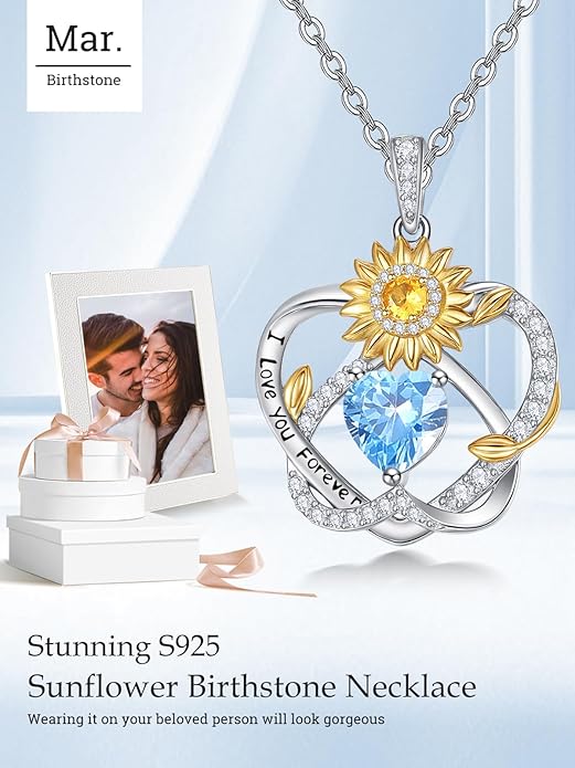 Zeuslia Double Birthstone Necklace Gifts for Wife - 925 Sterling Silver Sunflower/Rose/Crown Cross/Compass/Heart Pendant I Love You Necklace, Anniversary Birthday Gifts for Wife Girlfriend Mom Her