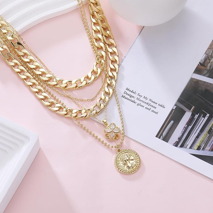 MJartoria Layered Necklaces for Women Trendy Retro Coin Pendant Necklace Dainty Chunky Chain Choker Necklaces for Jewelry Birthday Gifts