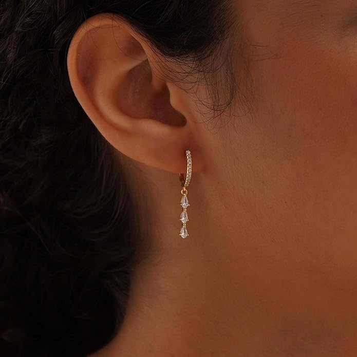 14K Gold Plated Dangle Earrings for Women - Dainty, Trendy, Hypoallergenic CZ Drop Earrings - Simple Long Dangling Jewelry