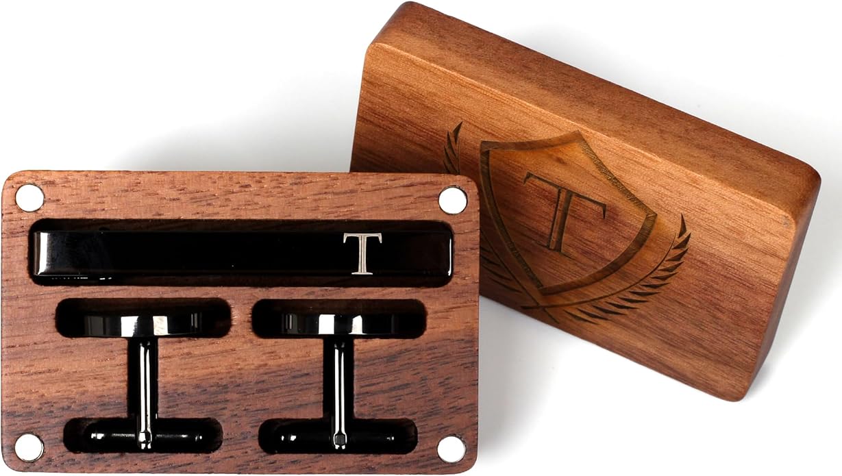 Mens Initial Cufflinks and Tie Clip A-Z Alphabet Letter Black Stainless Cuff Links Tie Bar with Engraved Walnut Wood Box Groom Groomsman Wedding Set