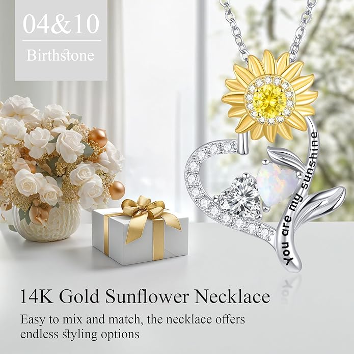PERJI Valentine's Day Gifts for Women - 925 Sterling Silver Double Birthstone Sunflower Necklace, Anniversary Birthday Jewelry You are My Sunshine Gifts for Wife Couple Girlfriend 18"+2" Non Tarnish