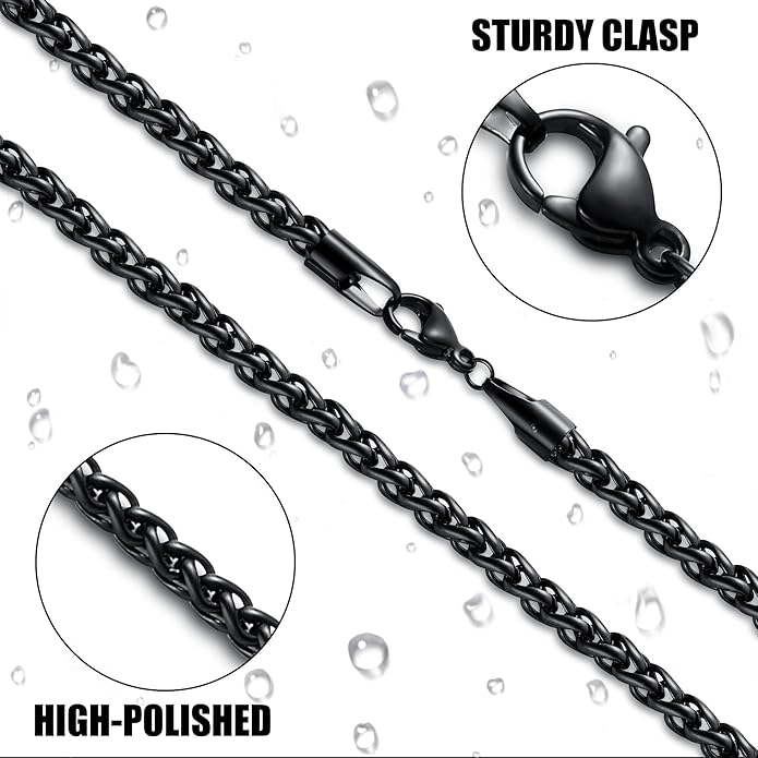 Fiusem Black Wheat Chains for Men and Women, 2/2.5/3/4/5mm Stainless Steel Necklace Chain, Mens Necklace Jewelry Gift 16-28 Inch