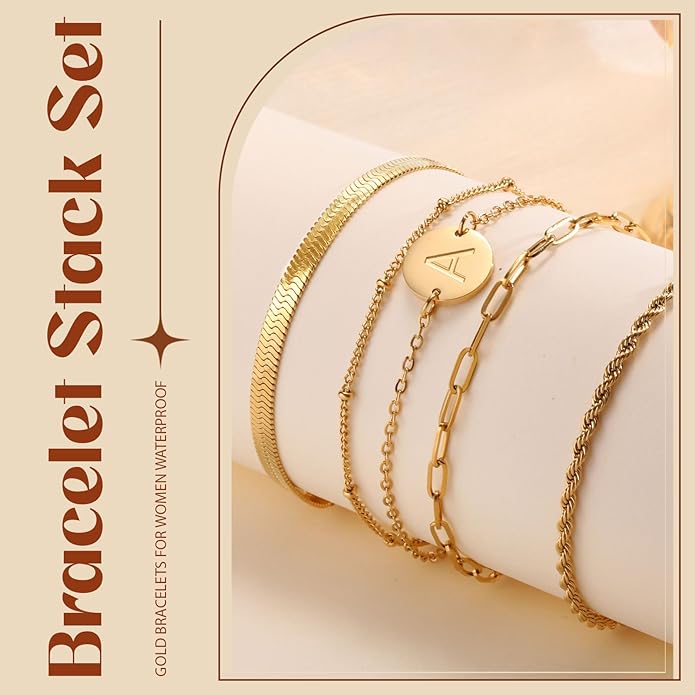 KSF Gold Bracelets for Women Stack - 14K Gold Plated Stackable Bracelets for Women Trendy Initial Bracelet Set Stack Cuban Link Paperclip Chain Jewelry Gifts