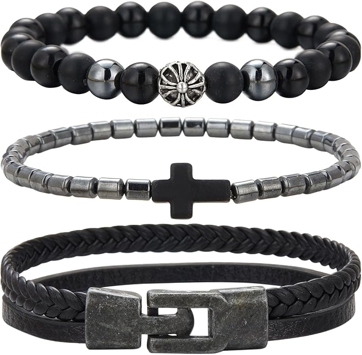 3pc Mens Beaded Bracelets Silver Stainless Steel Chain Bracelet for Men Handmade Braided Bracelet Sets Jewelry Gifts for Men