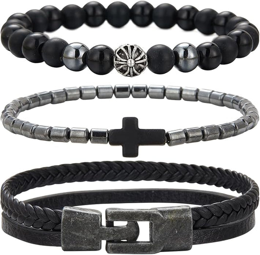 3pc Mens Beaded Bracelets Silver Stainless Steel Chain Bracelet for Men Handmade Braided Bracelet Sets Jewelry Gifts for Men