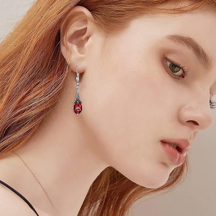 AOBOCO Vintage Earrings for Women Sterling Silver Retro Drop Dangle Leverback Earrings with 8x6mm Oval Genuine or Simulated Birthstone Crystal from Austria, Anniversary Jewelry Gifts for Her Women