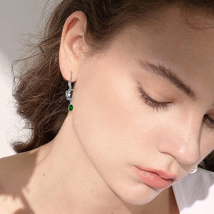 925 Sterling Silver Vintage Retro Oxidized Moon Crescent Dangle Drop Leverback Earrings with 12 Months Birthstone Jewelry Gifts for Women Her