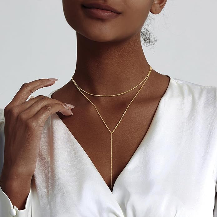 Luxval Lariat Gold Necklace for Women, Dainty Long Necklace 14k Gold Plated/Silver Y-Shaped Pendant Necklaces Trendy Beaded Chain Drop Necklaces Jewelry for Women Gifts