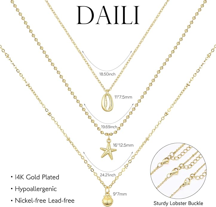 Shell Necklace for Women,14k Gold Plated Layered Starfish Conch SeaShell Pearl Pendant Charm Necklace,Non Tarnish Adjustable Stainless Steel Chain Stack Jewerly for Summer Beach Vacation