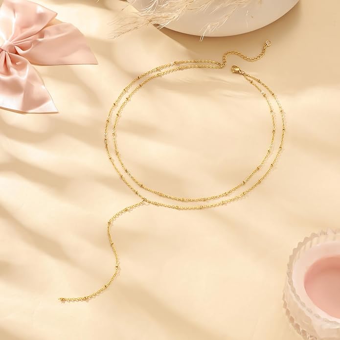 LOVELUCK Long Lariat Necklace for Women,Dainty Layered Y-Shaped Necklaces 14k Gold/Silver Plated Drop Chain Trendy Christmas Jewelry Gifts