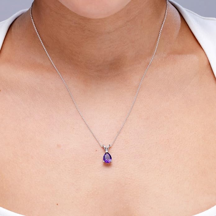 Angara Natural Amethyst Solitaire Pendant for Women | V-Bale Pear-Shaped Amethyst Solitaire Pendant in 14K Solid Gold/Silver/Platinum | February Birthday, Anniversary, Gemstone Jewellery Gift