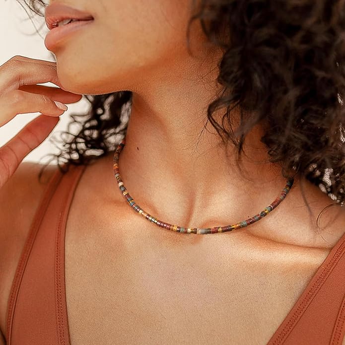 AGOT Beaded Gemstone Necklace for Women: Boho Bead Choker Natural Stone Necklaces - Handmade Jewelry for Summer Beach