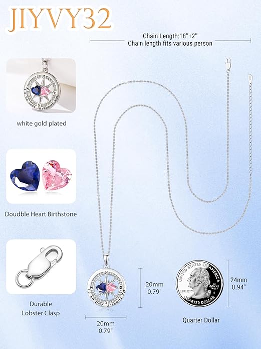 JIYVY32 Compass Birthstones Necklace for Women, Exquisite S925 Necklace Anniversary Birthday Gifts for Wife Her Double Birthstone Pendant jewelry ‘I'd be Lost Without You’