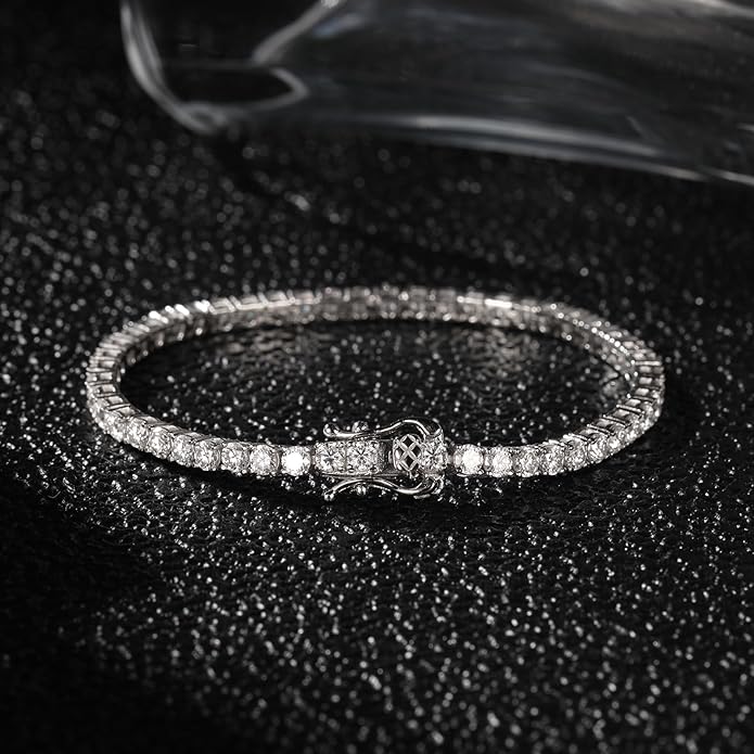 5.1CT/5.5CT Moissanite Tennis Bracelet for Women, 3mm White Gold Plated S925 Sterling Silver D Color VVS1 Round Cut Moissanite Bracelets Jewelry Gift, Size 6.5Inch/7Inch