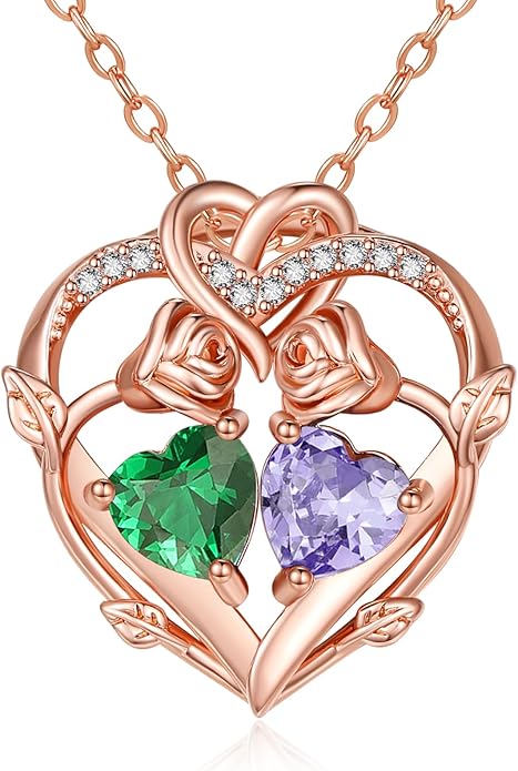 Rose Gold Necklaces for Women Double Birthstone Rose Flower Heart Pendant Necklace Jewelry Anniversary Christmas Valentine's Mother's Day Birthday Gift for Wife Mom Her Girlfriend Sister