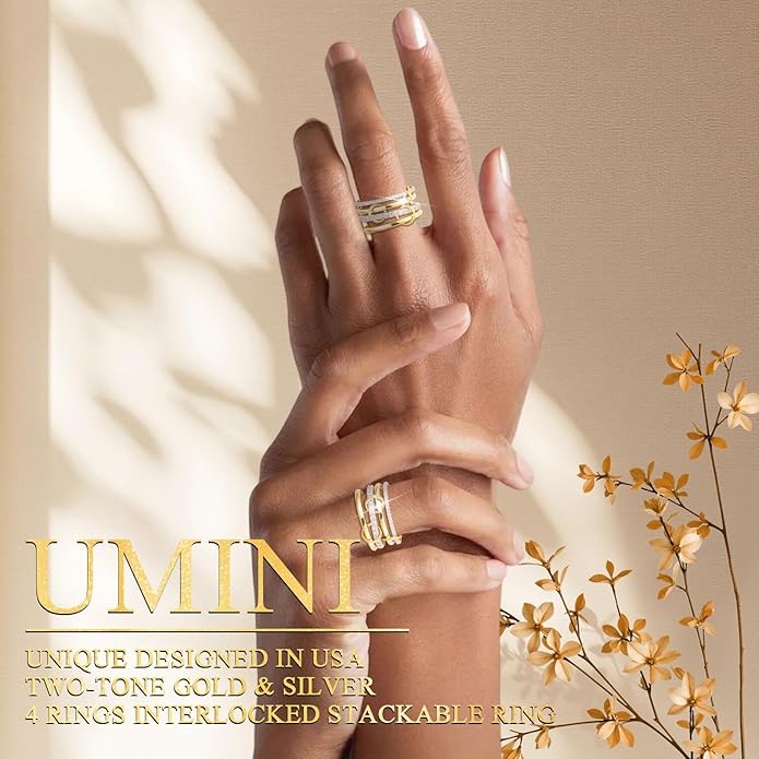 18K Gold plated Stackable Rings For Women Silver And Gold Stackable Ring Set Cubic Zircon Mixed Metal Rings For Engagement Wedding Birthday Valentine's Day Mother's Day Gift