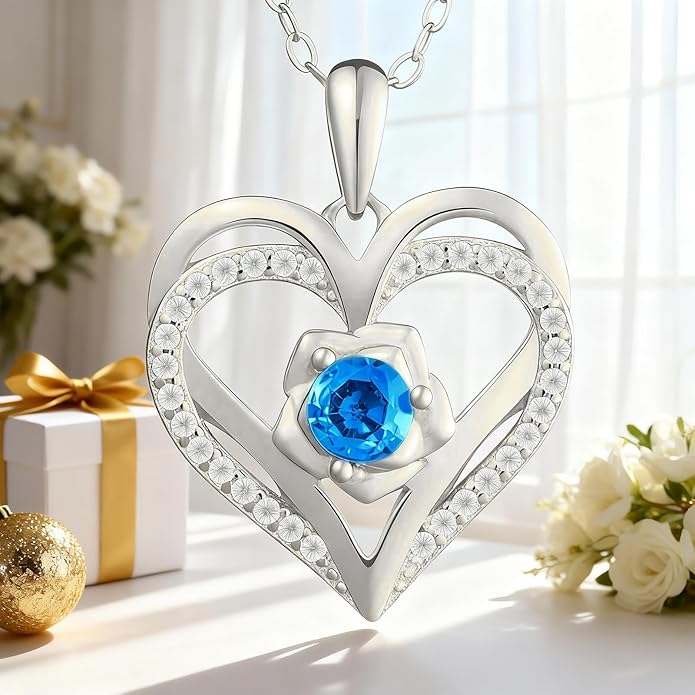 Birthstone Pendant Necklace for Women, Heart Jewelry with Rose Flower Birthday Gift Idea for Wife Girlfriend Mom Friendship on Valentine‘s Day Anniversary Christmas Wedding, 925 Sterling Silver