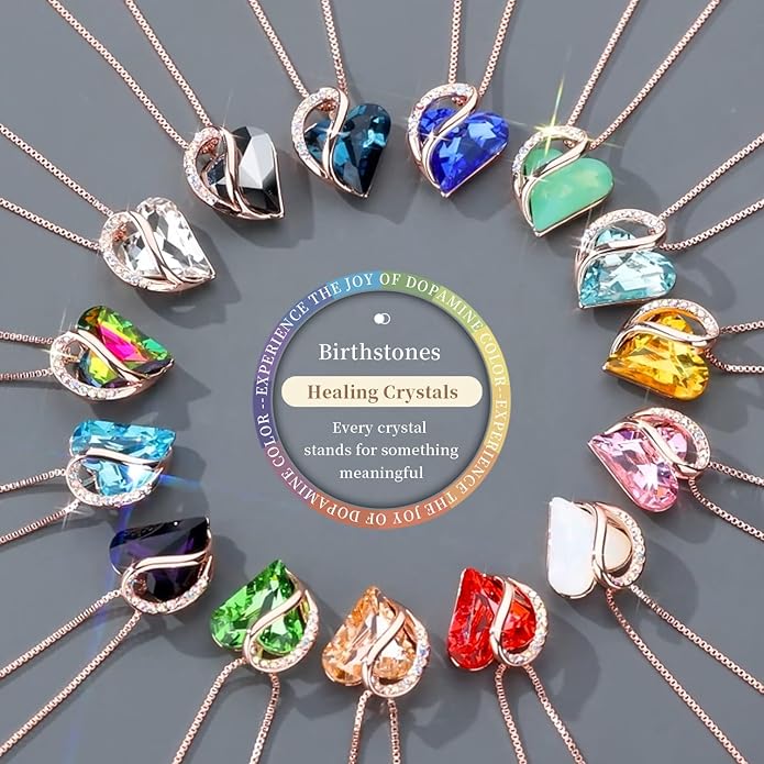 Leafael Rose Gold Plated Necklace for Women: Heart Shaped Birthstone/Healing Crystals Center, Dazzling Cubic Zirconia, Hypoallergenic Chain (18"+2"), Jewelry Gifts for Anniversaries and Birthdays