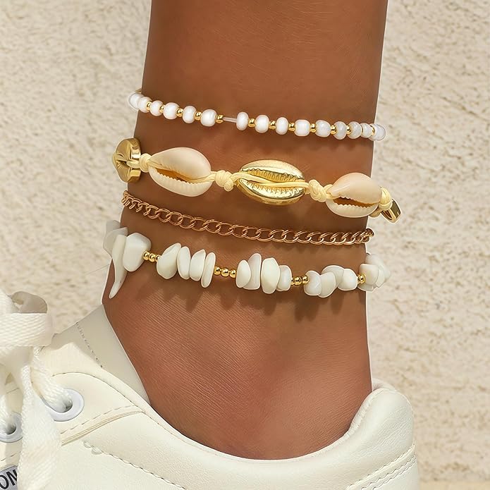 Shell Ankle Bracelet Set for Women, Gold Plated Boho Bead Adjustable Anklet, Hawaiian Beach Seashell Pearl Heart Starfish Conch Foot Jewelry Gifts