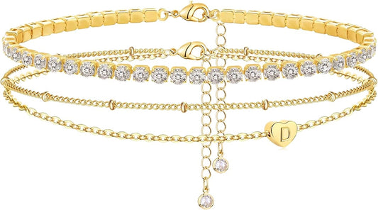 Yanoda Initial Ankle Bracelets for Women, 14K Gold Plated Waterproof Dainty Layered Heart Letter Initial Anklets Personalized Gifts